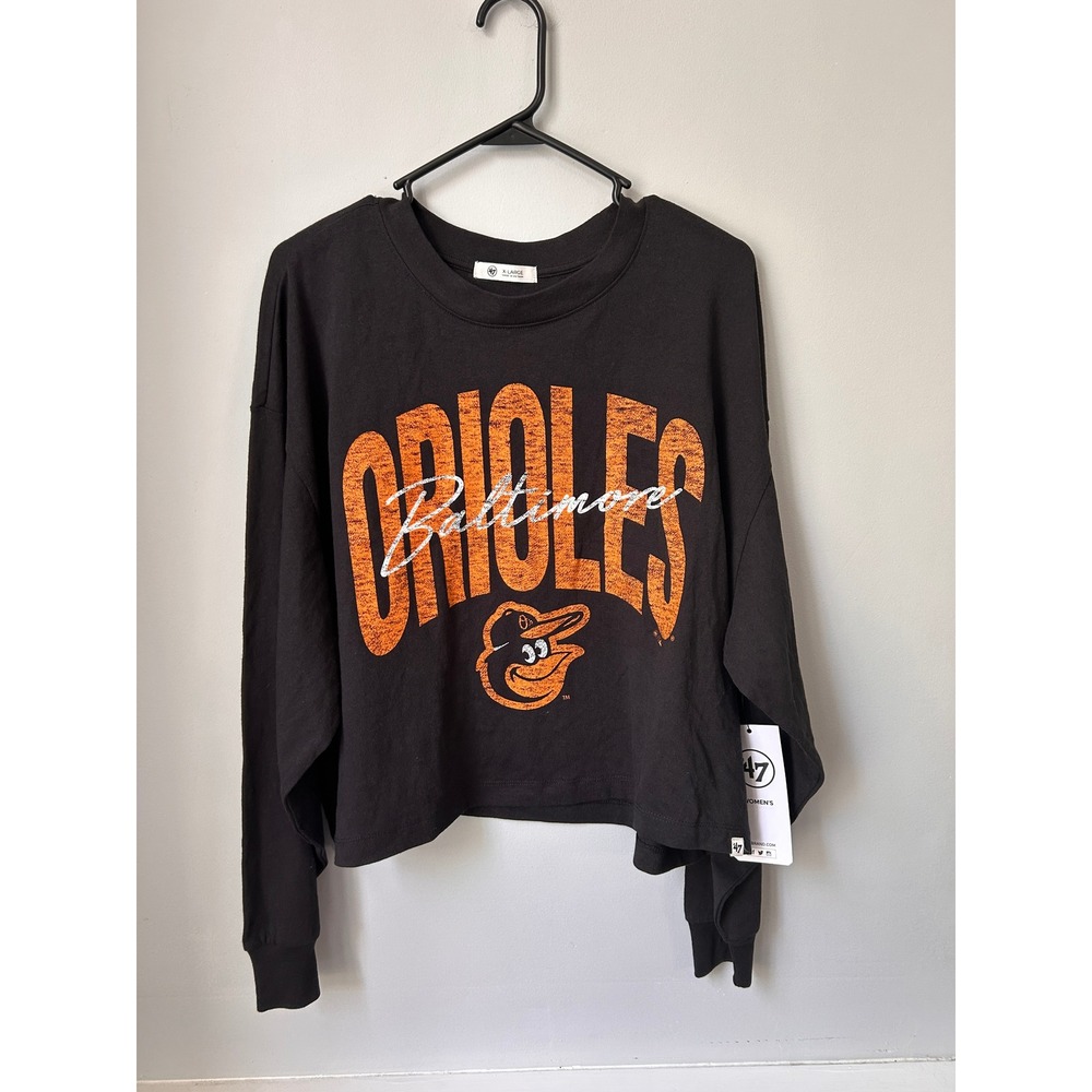 47 Brand Baltimore Orioles Womens XL Black Cropped Long Sleeve T-Shirt NWT